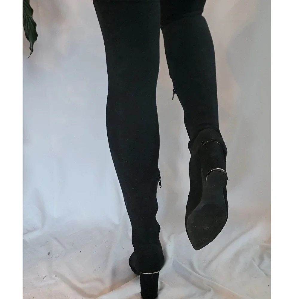 Bamboo Black‎ Faux Suede Over The Knee Boots Gold Trim Block Heel Pointed Toe 7